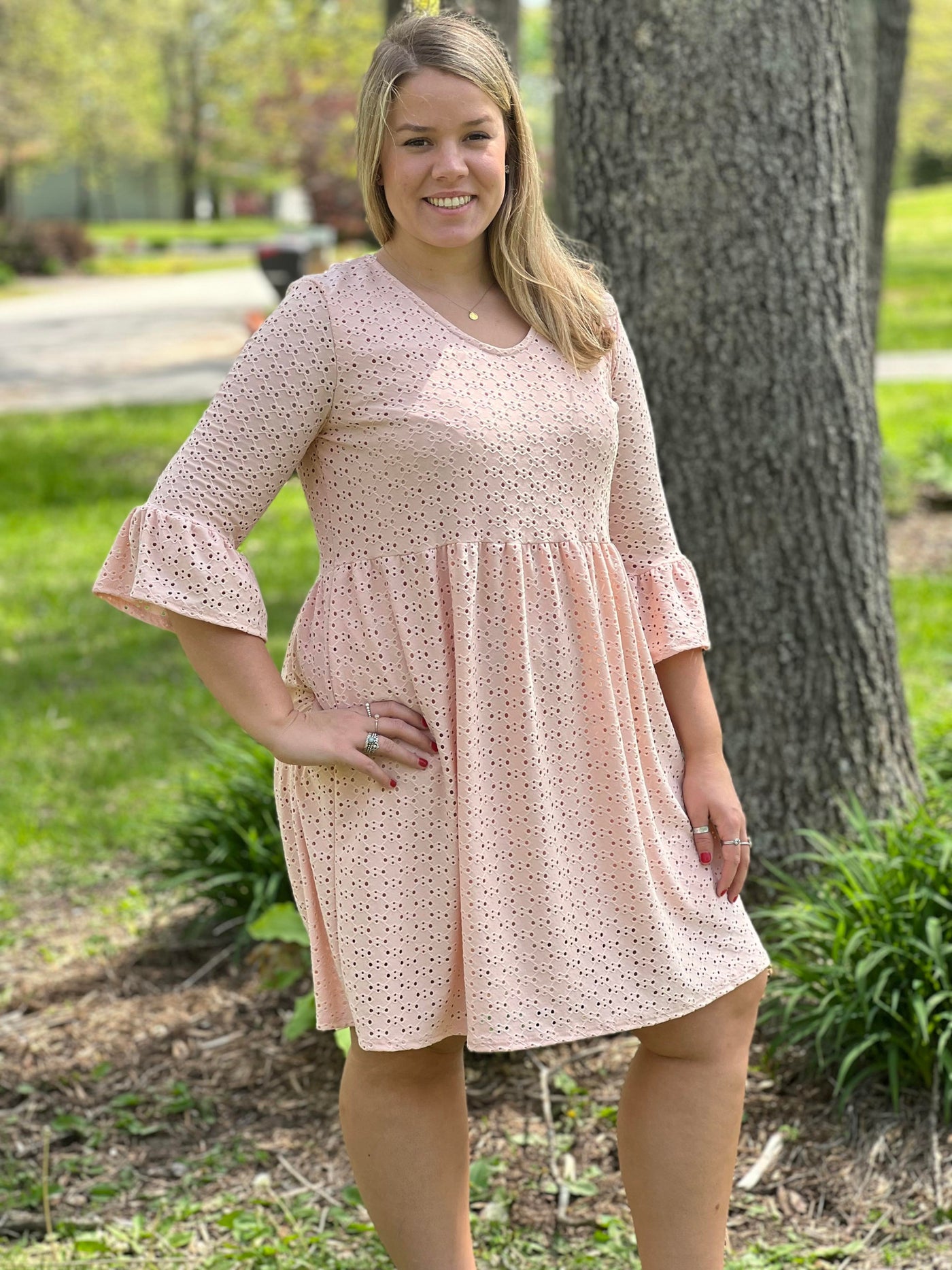 Blush v-neck eye-lit dress