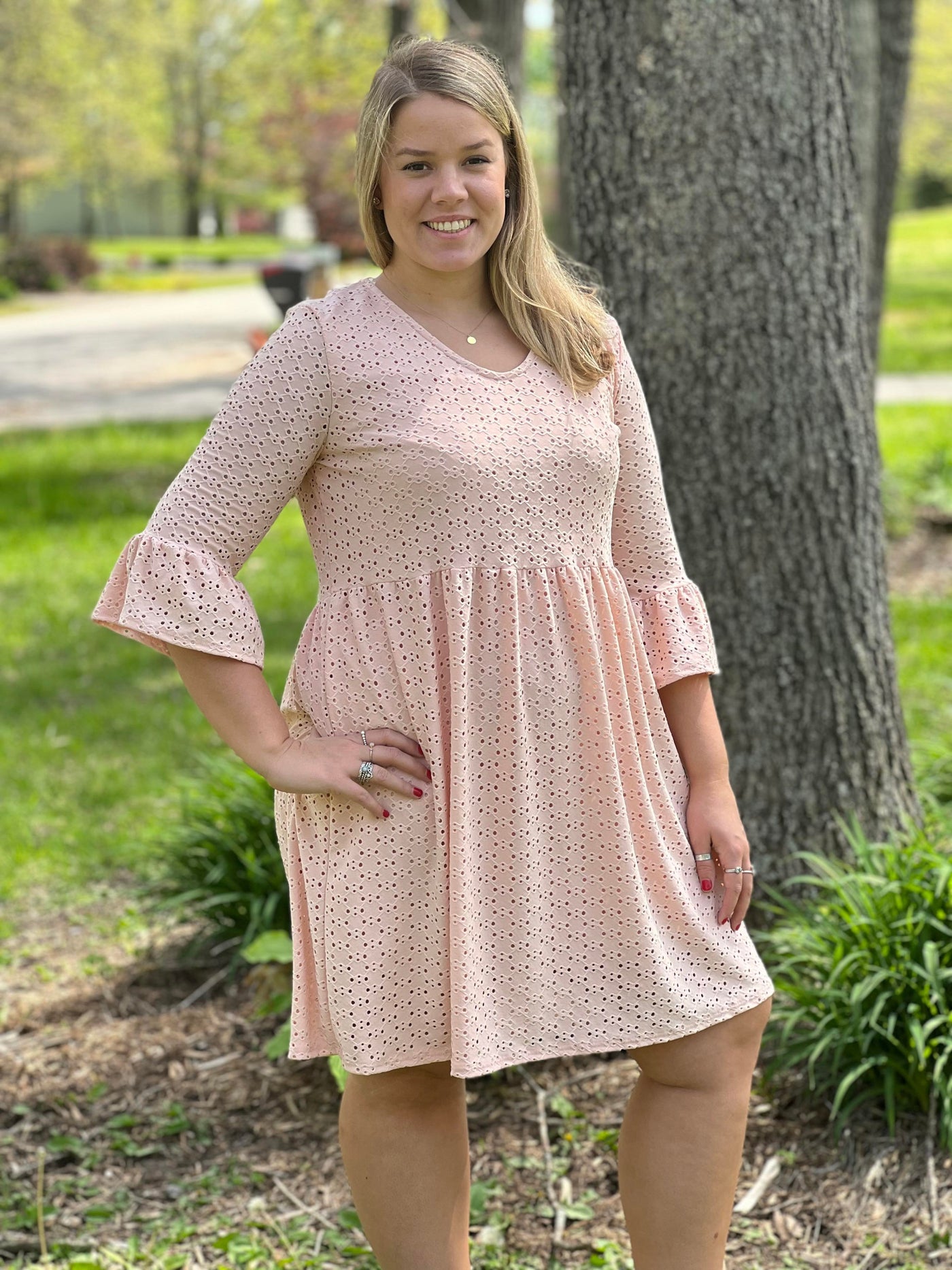 Blush v-neck eye-lit dress