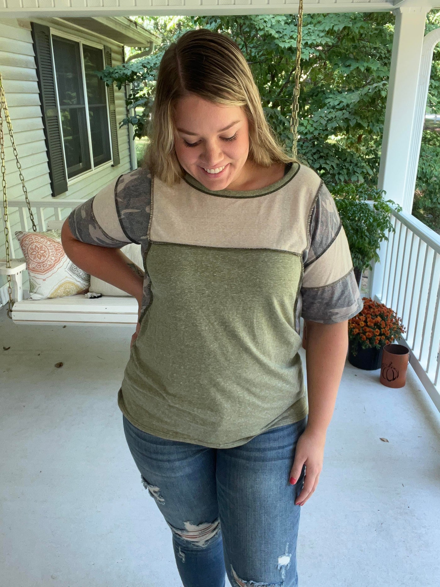 Olive tri-blend camo top