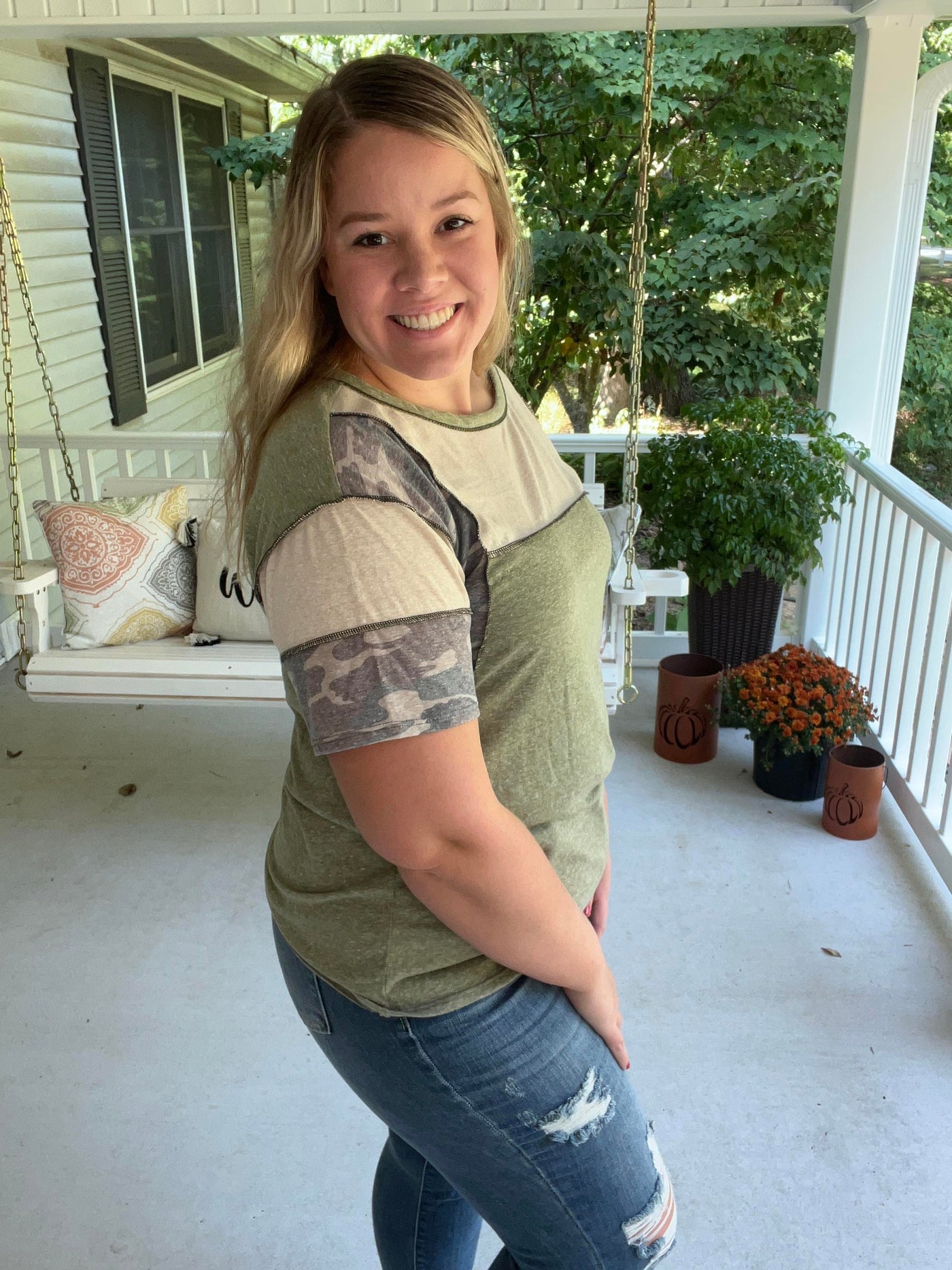 Olive tri-blend camo top