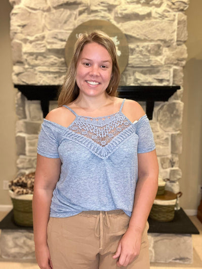 Denim crochet off shoulder top