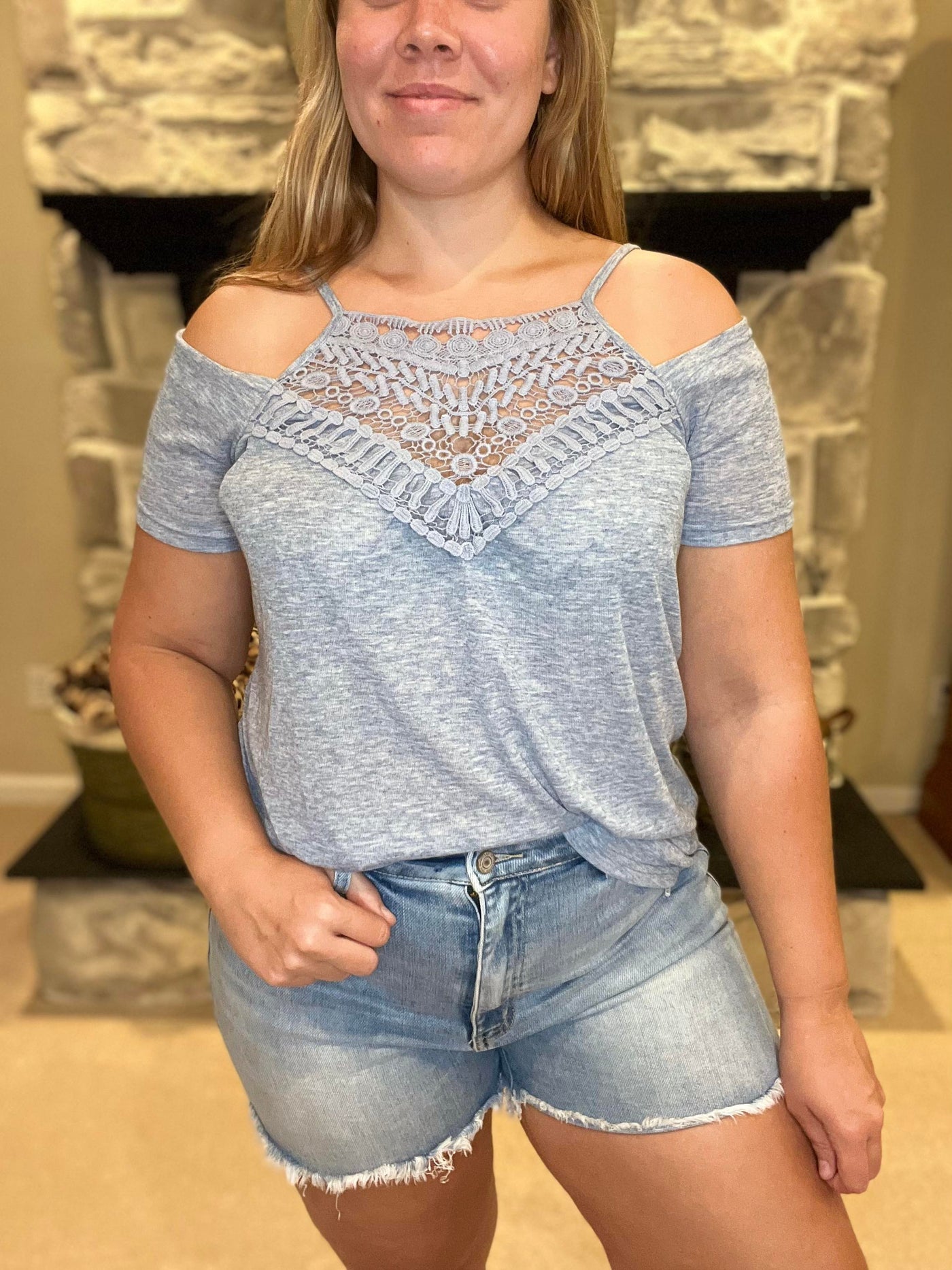 Denim crochet off shoulder top