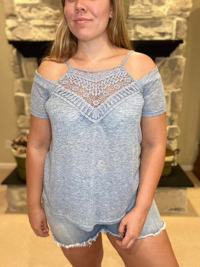 Denim crochet off shoulder top