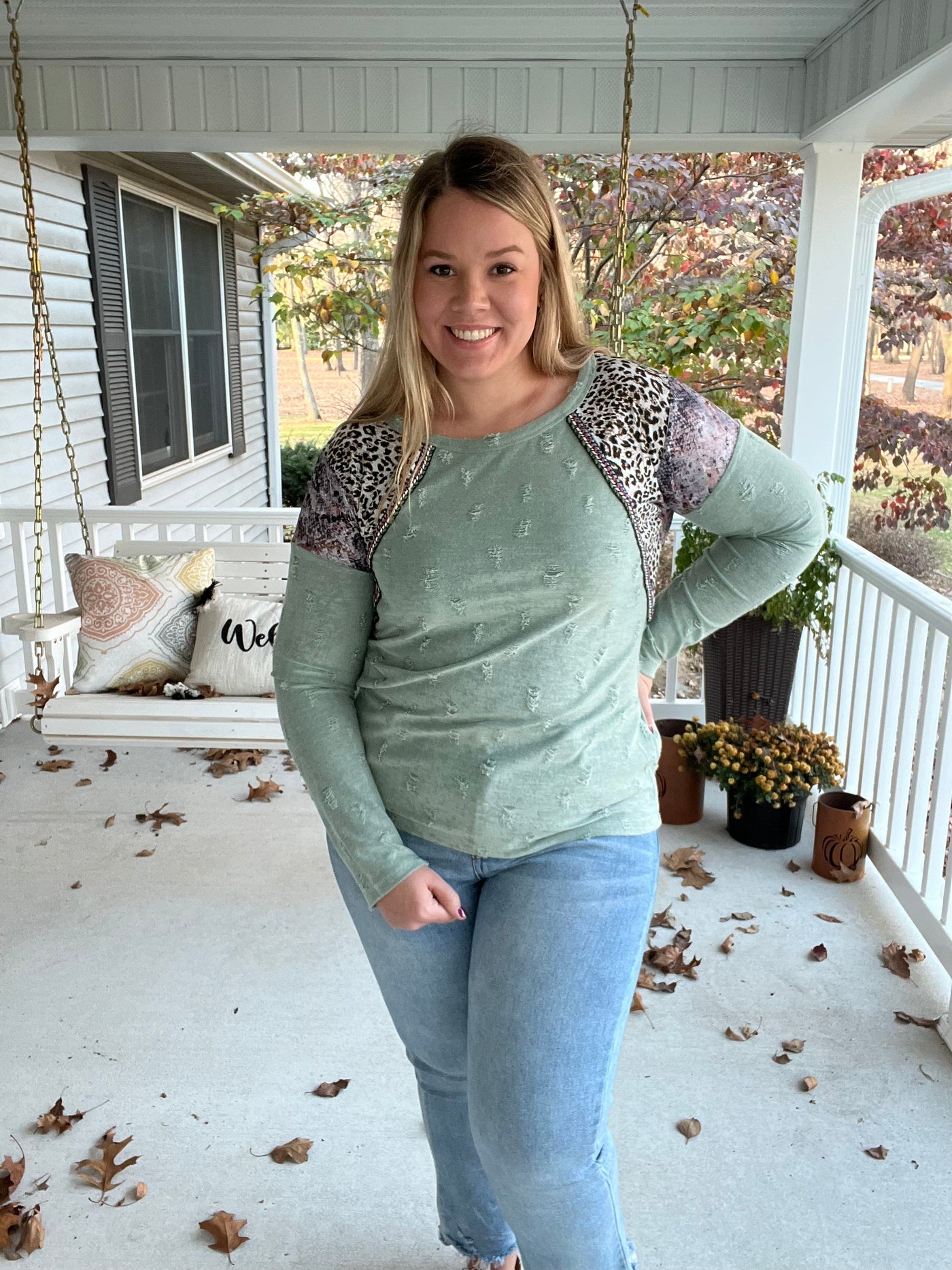 Dusty Sage Leopard Snake Print Distressed Top