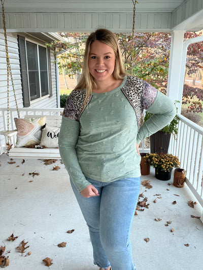 Dusty Sage Leopard Snake Print Distressed Top