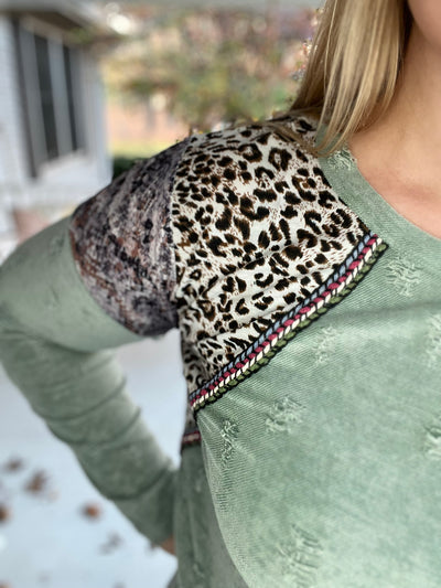 Dusty Sage Leopard Snake Print Distressed Top