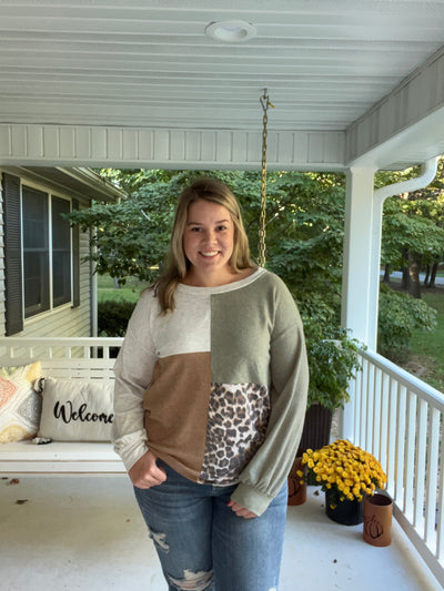 Color block leopard oatmeal long sleeve shirt