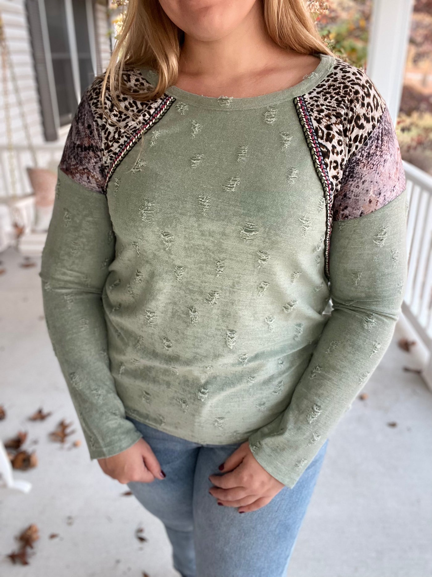 Dusty Sage Leopard Snake Print Distressed Top