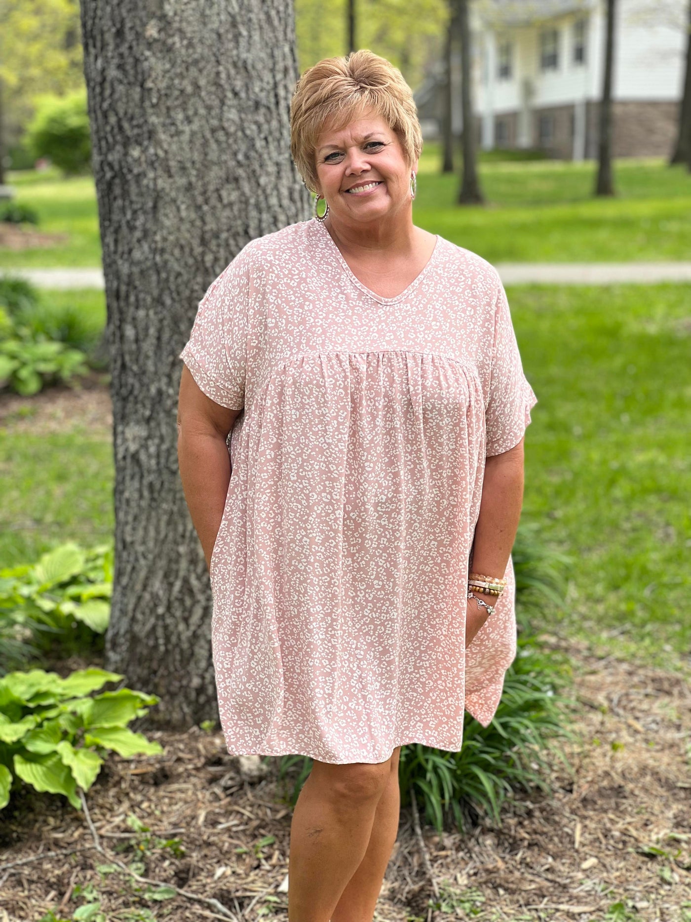 Mauve and ivory print pink dress