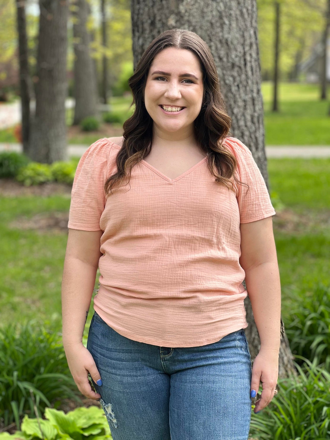 Peach gauze v-neck top