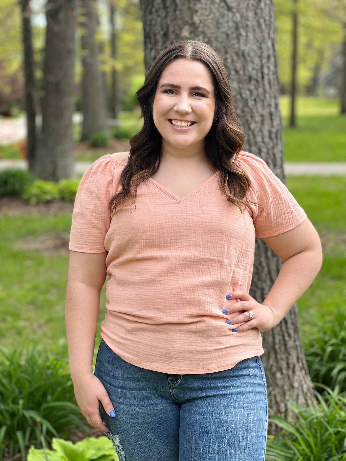 Peach gauze v-neck top