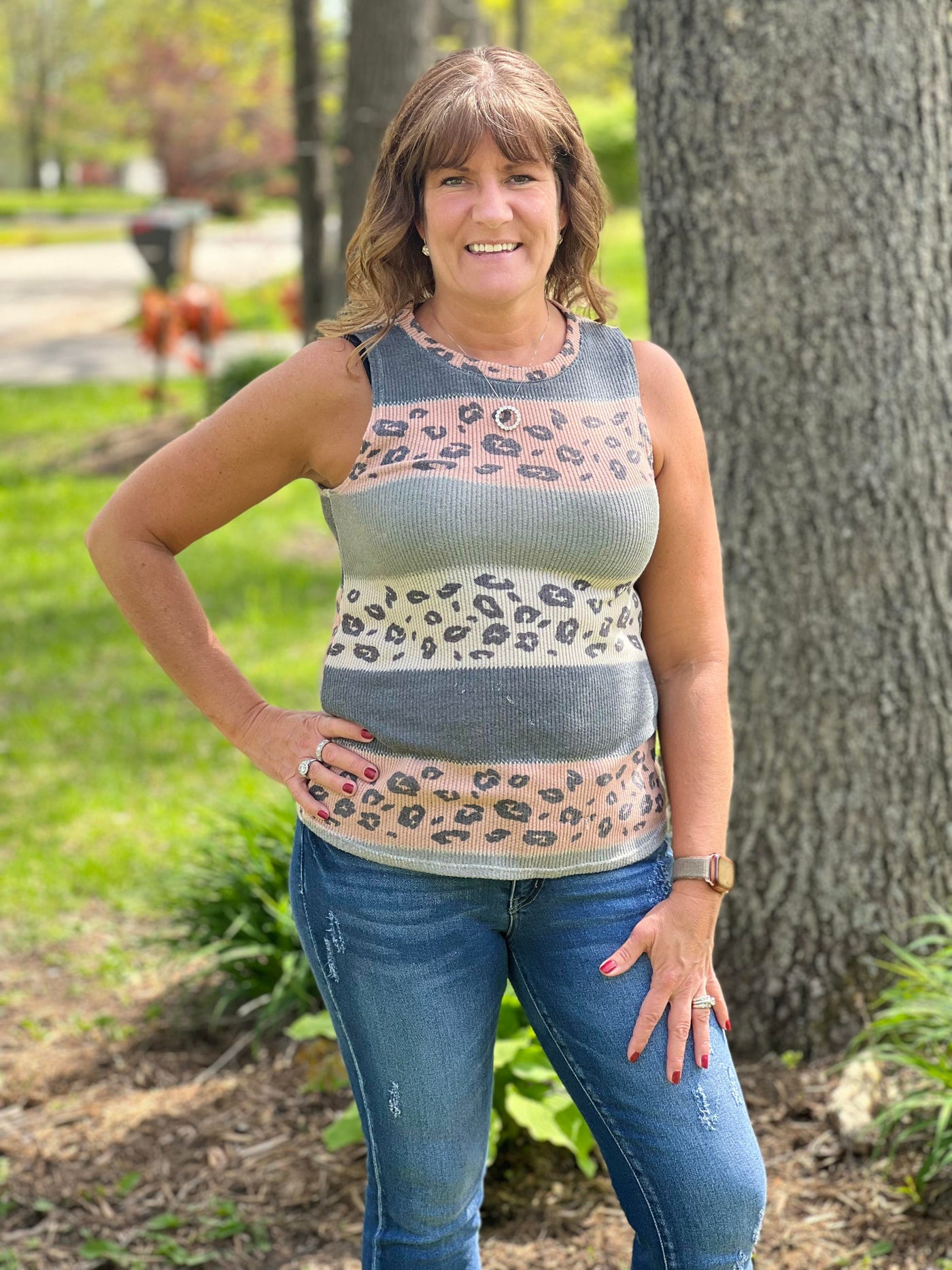 Leopard color block tank