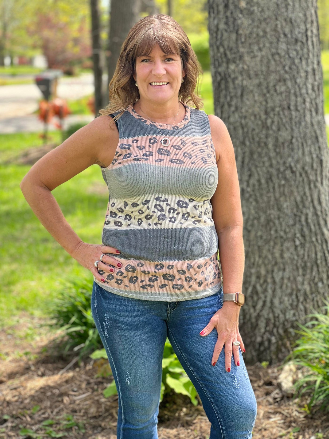 Leopard color block tank